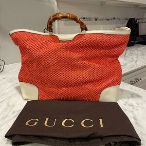 Gucci Coral Raffia Ivory Leather Bamboo Tote Bag